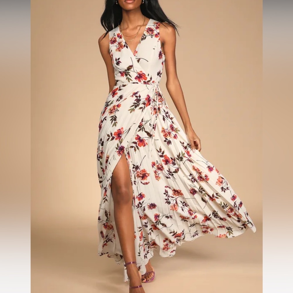Ivory Multi Floral Print Pleated Wrap Maxi Dress